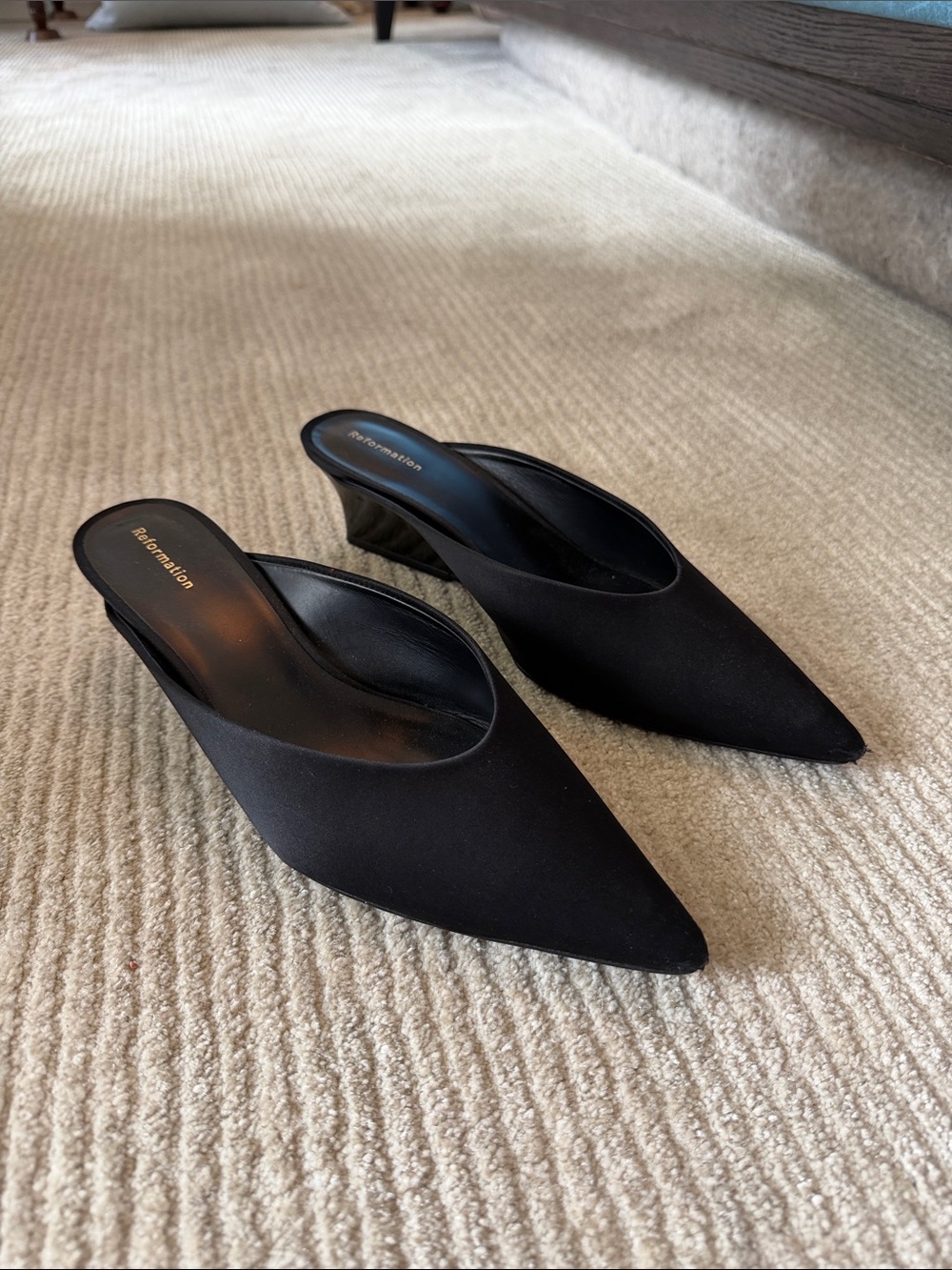 Reformation Satin Black Mules - Size 8
